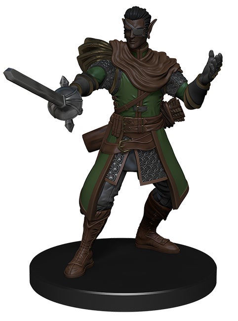 promo mini figure of a dark skinned elf in chain mail and a long green coat with a brown scarf, holding a sword in the 'en garde' position